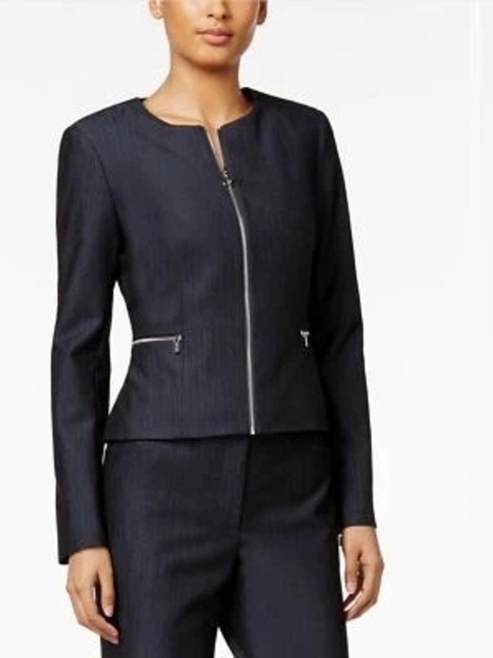 Calvin Klein Womens Sz 8 Blue Full Zip Front Peplum Blazer Jacket Pockets Silver